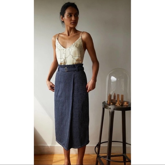 The Summer House Navy & White Striped Paper Bag Waist Skirt Size M